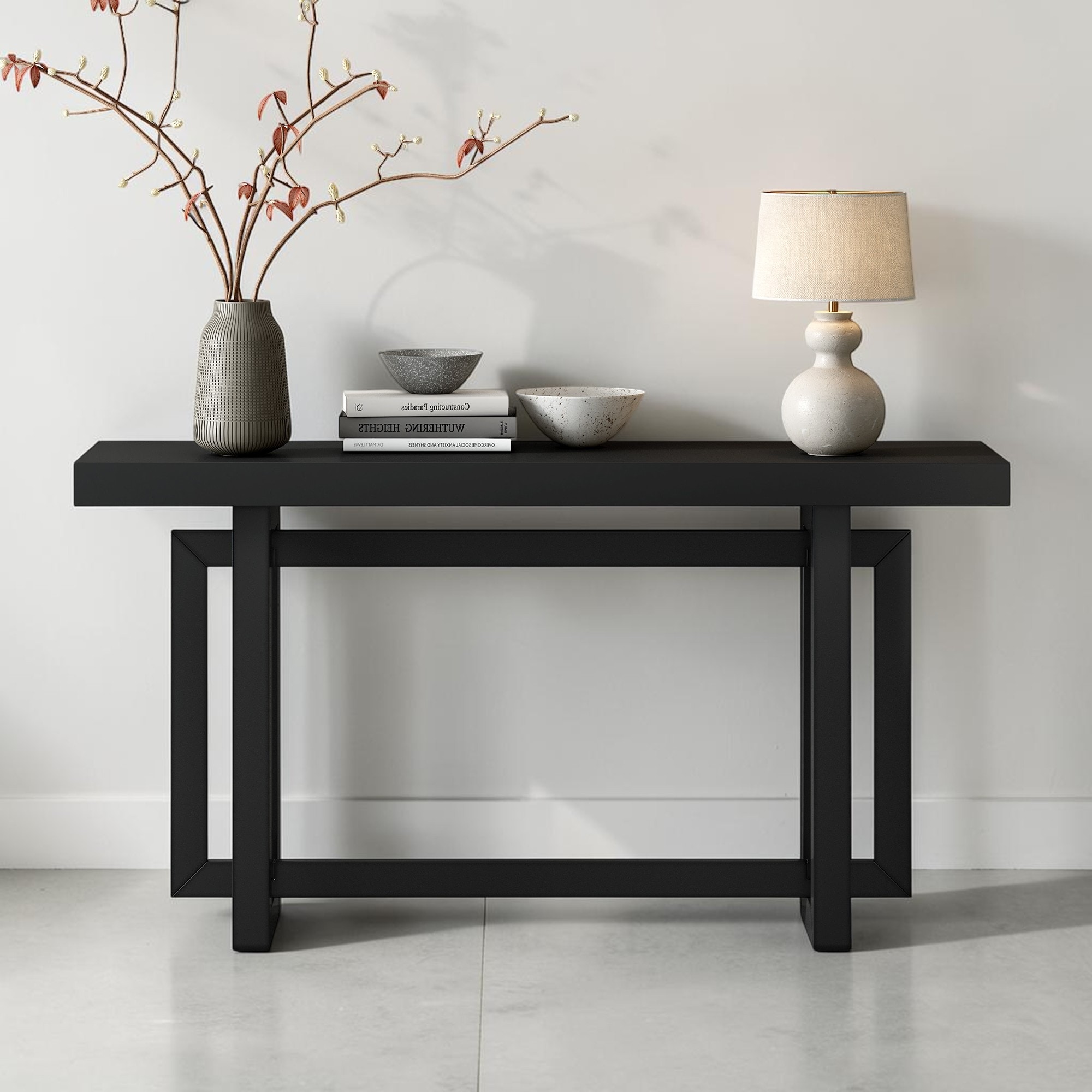 59 Inch Modern Console Table with Pine Veneer, Extra Long Entryway Sofa Table with Solid Wood Legs