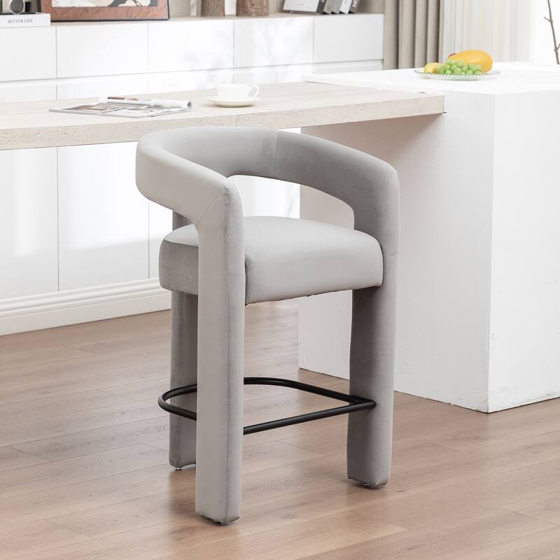 SEYNAR Modern Velvet 34.6''H Fixed Height Open-Back Bar Stool with Metal Footrest - Grey