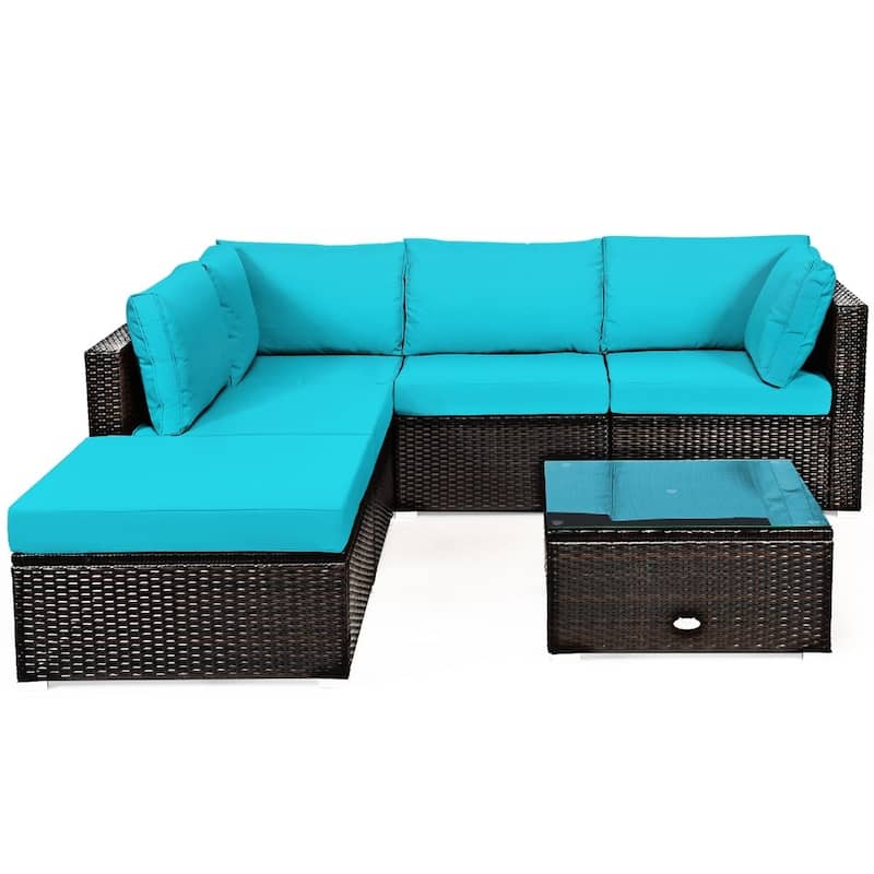 6 Pieces Outdoor Patio Rattan Furniture Set Sofa Ottoman with Coffee Table - 30'' x 30'' x 26''(L x W x H)