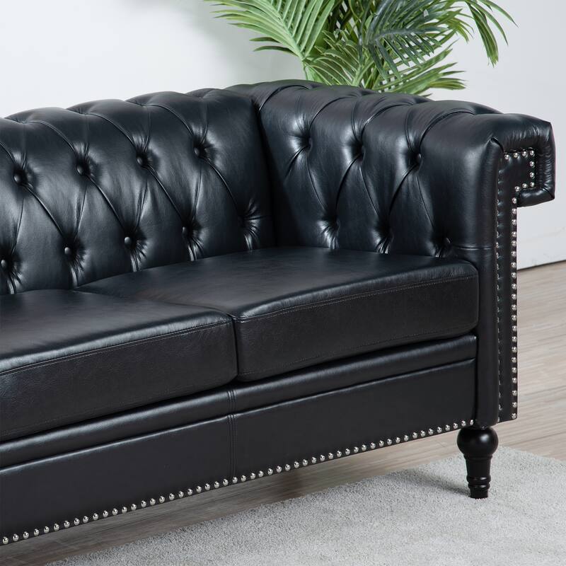 PU Leather 3 Seater Sofa, Upholstered Sofa with Rolled Arms & Removable Cushion, Lounge Sofa with Studs Trim & Wooden Legs