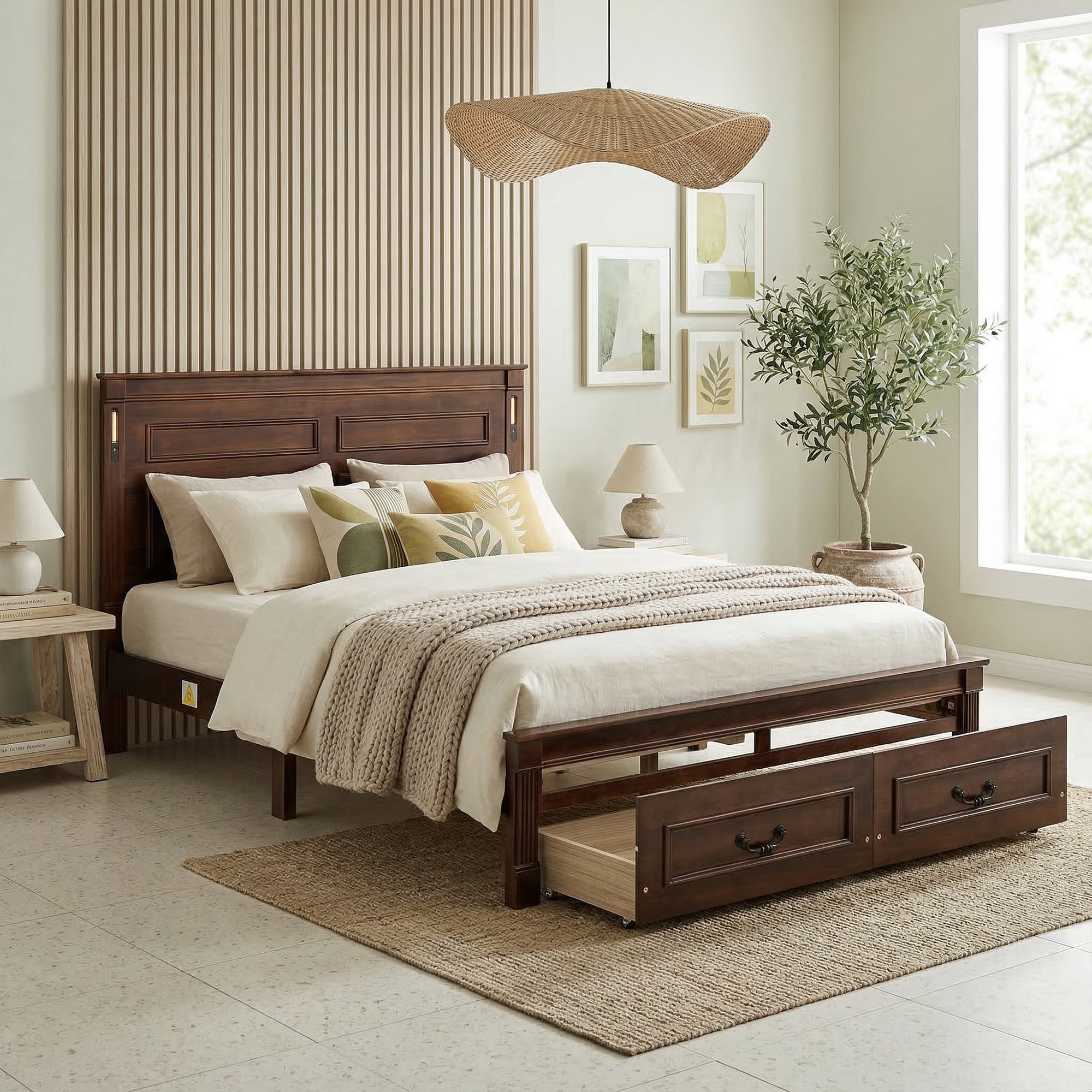 Platform Bed with 2 Storage Drawers Pine Wood Frame USB Charging Station in Headboard LED Lights No Box Spring Needed