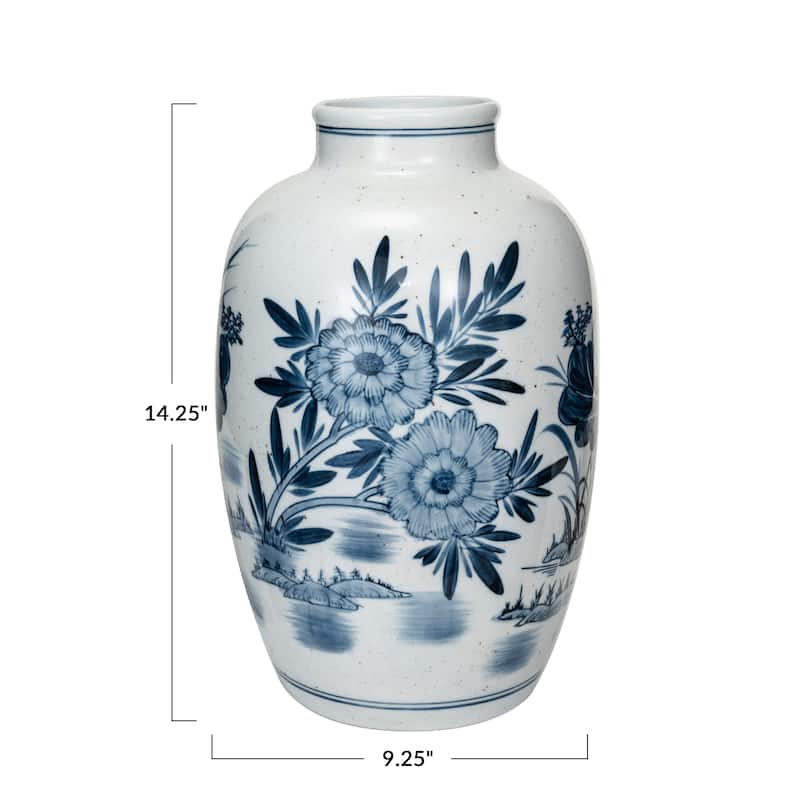 Hand-Painted Urn Shaped Stoneware Vase with Wide Opening