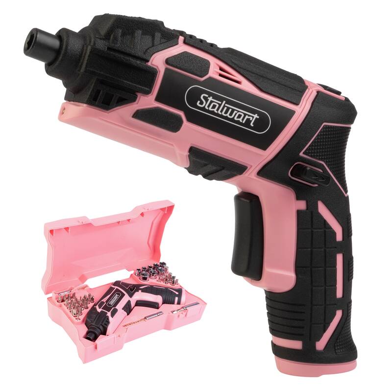 4V Electric Screwdriver 45-Piece Set - Rechargeable Cordless 4.5Nm 250RPM Screw Gun with Dual Position Grip by Stalwart - Pink
