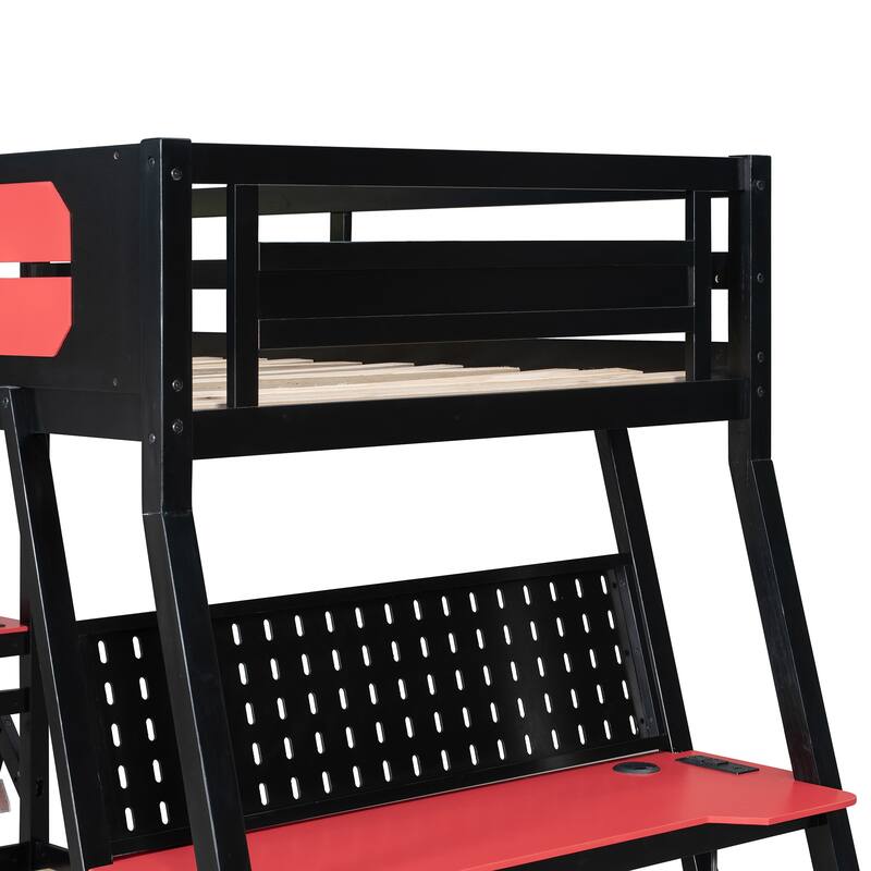 E-sports Inspired Bunk Bed with 2 Built-In Gaming Desks, USB Desktop Ports and Pegboard Organizer, Bunk Frame for Teens Gamer