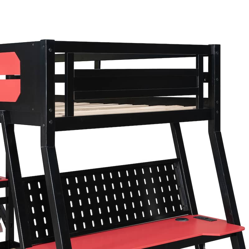 Twin Over Twin Gaming Bunk Bed with Dual Built-in Desks, USB Ports & Pegboard for Gamers