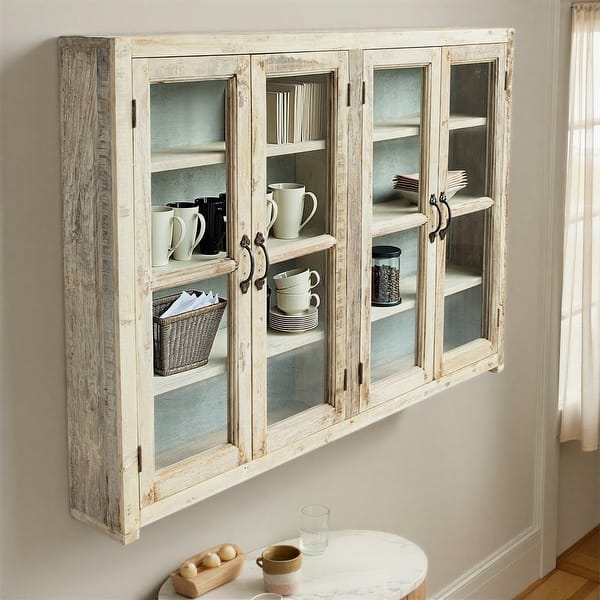 slide 2 of 5, Reclaimed Wood Cabinet with 4 Glass Doors, 4 Shelves & Zinc Metal Backing (Each one will vary) Brown