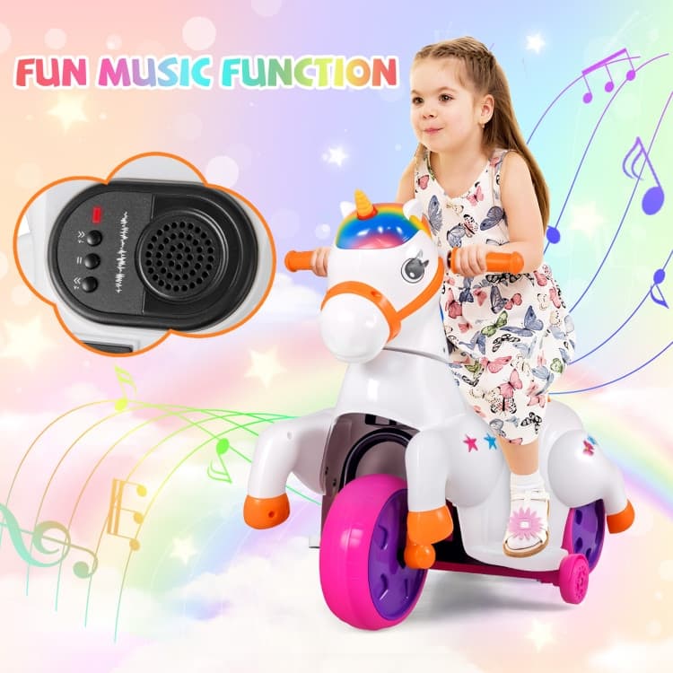 Kids 12V Unicorn Ride-On Toy with Training Wheels Fun and Safe Horse Riding Mode - 27” L x 15” W x 22.5” H