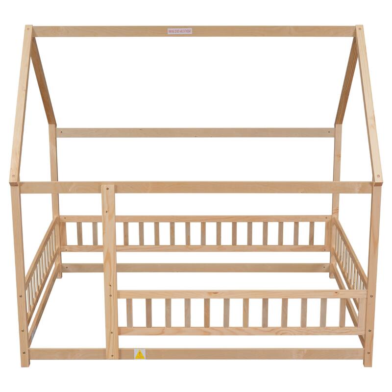 Floor Wooden Bed with House Roof Frame, Fence Guardrails