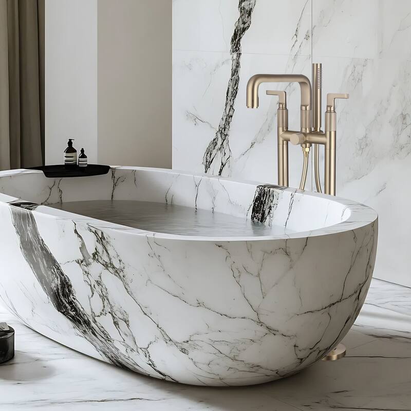33" H Solid Brass Floor Mounted Freestanding Tub Faucet with Hand Shower and Diverter
