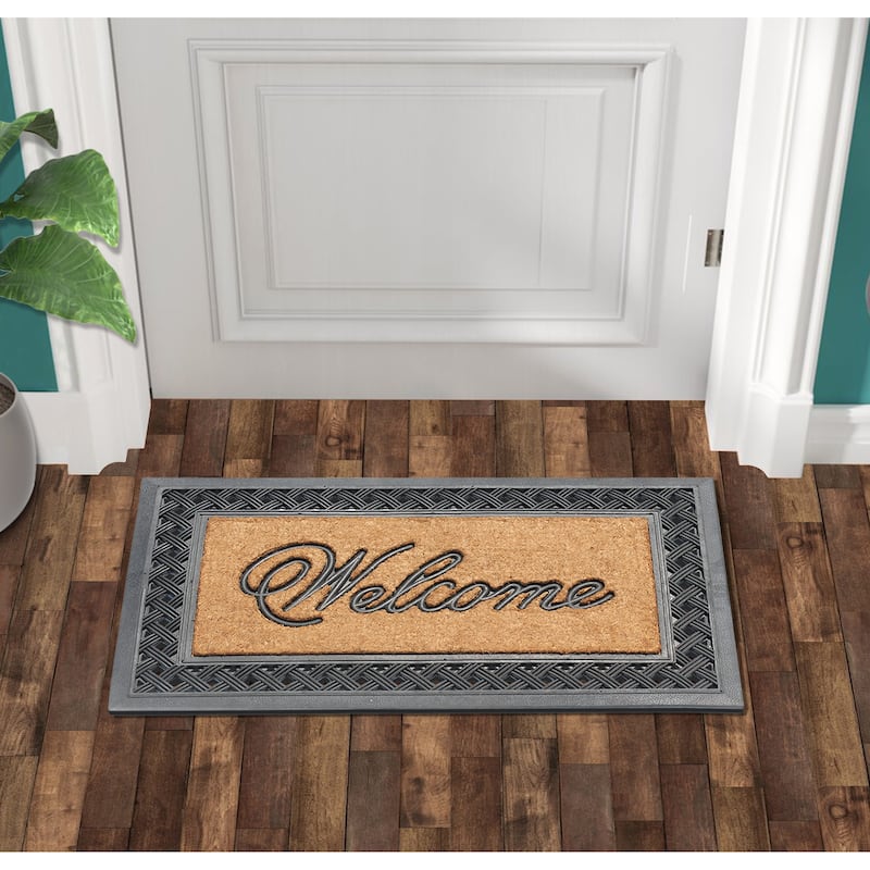 A1HC Welcome Check Border Rubber and Coir Outdoor Doormat, 23"X38", Black