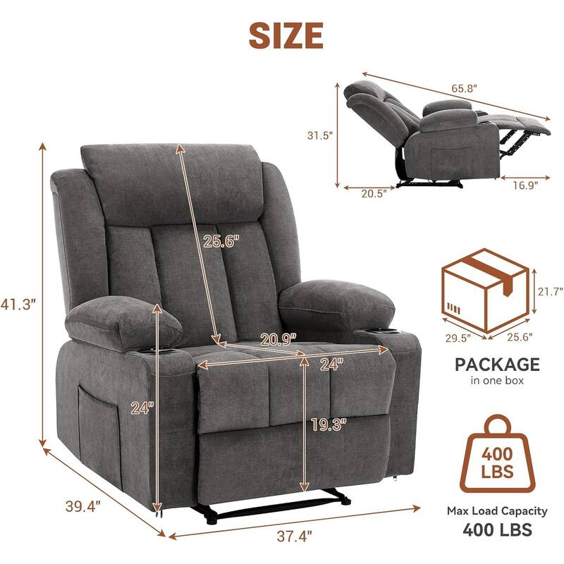 Oversized Manual Recliner Chair with Vibration Massage and Heat, Classic Overstuffed Deep Seat Sofa