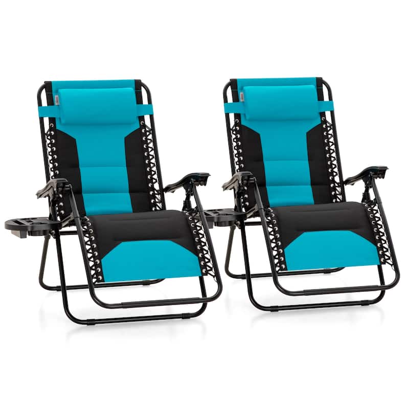 MAISON ARTS 2 XL Zero Gravity Recliners Padded Folding Lounge Chairs with Cup Holder - Aqua Blue - TurquoiseA