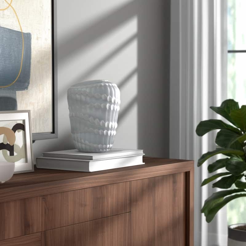 Glass Vase Carved Vertical Strips Pattern Finish Centerpiece Tabletop - 10.5" x 9.75" x 13.5"