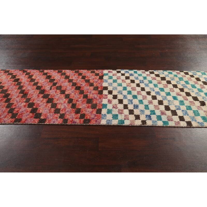 Modern Checkered Moroccan Oriental Wool Runner Rug Hand-knotted Carpet - 2'11" x 12'10"