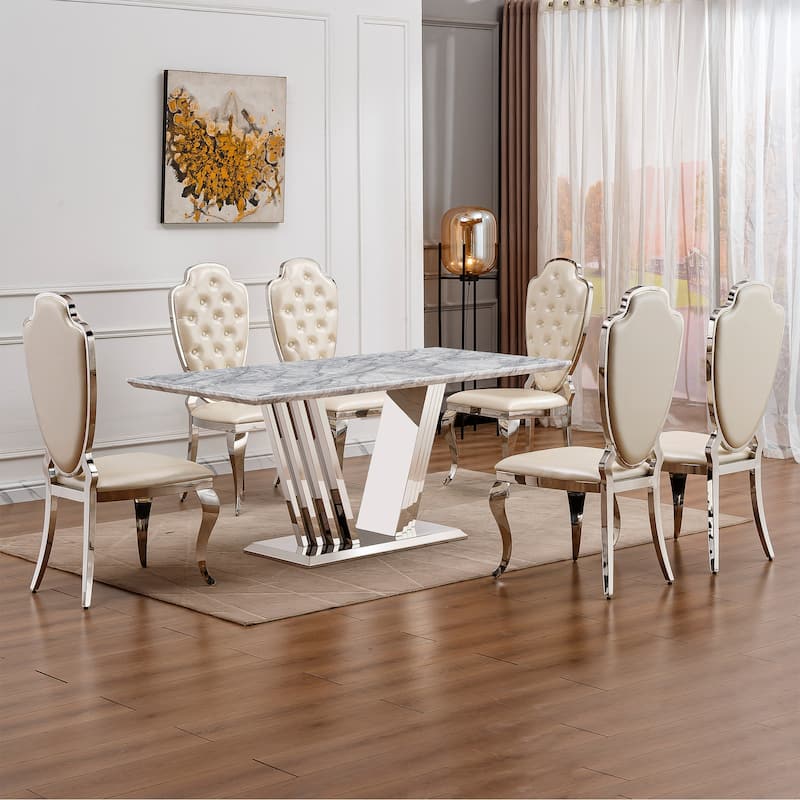 70'' Rectangle Faux Marble Dining Table with Mirrored Finish Stainless Steel Base - Grey+Silver