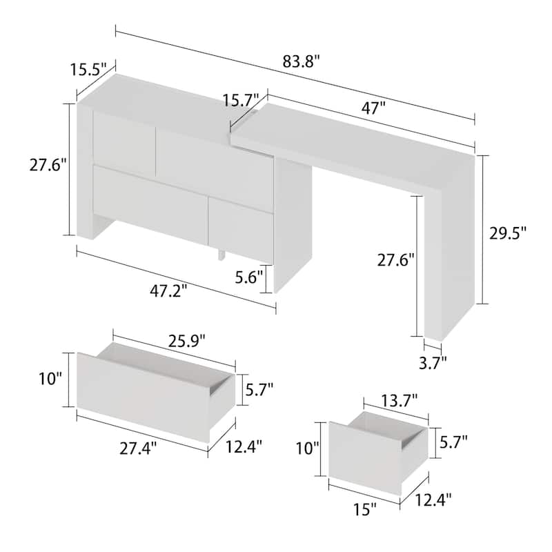 Versatile L-Shaped Desk and Vanity - White & Light Walnut Bedroom Desk