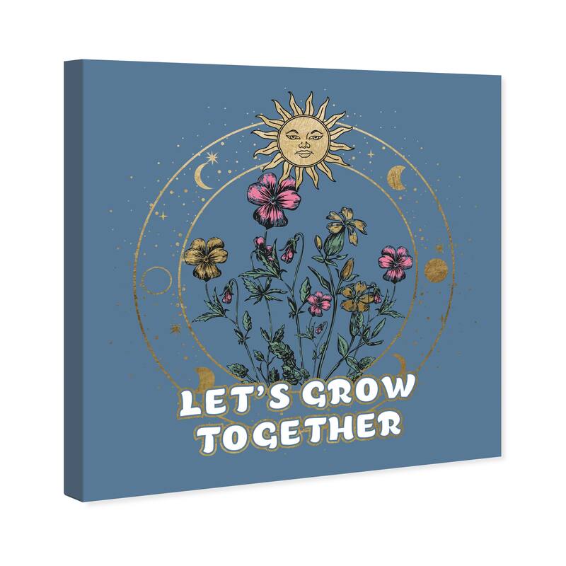 Wynwood Studio Prints Floral and Botanical Lets Grow Together Blue and Metallic Gold Modern & Contemporary Wall Art Canvas Print