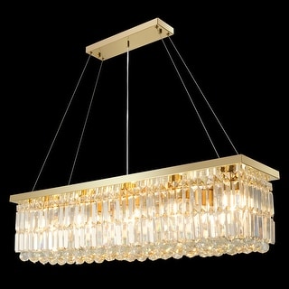 6 lights Rectangle Crystal Chandeliers for Dining Room, 39" Large Linear Water Ripple Glass Island Light Fixture