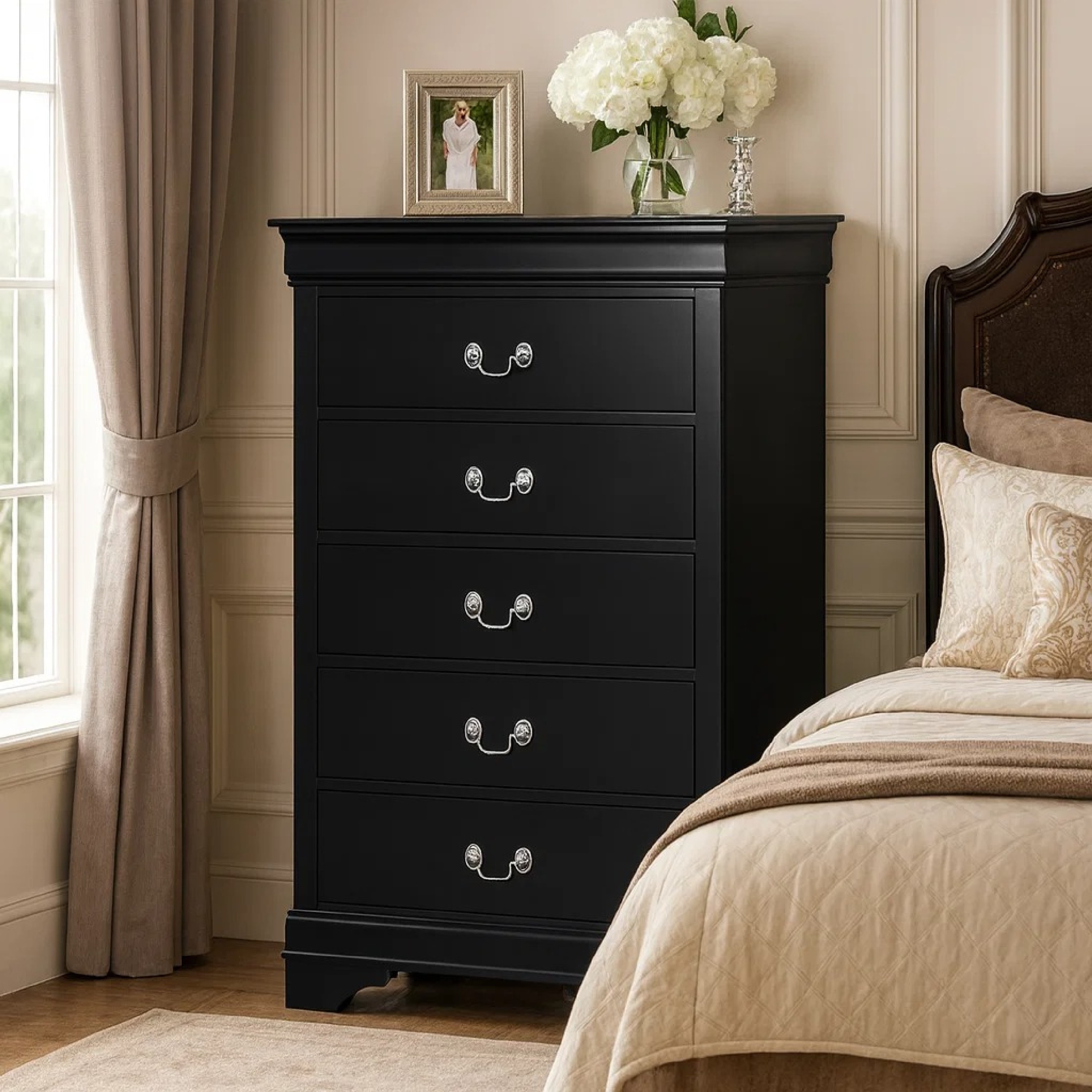 Benjara 48 Inch Wood Tall Dresser Chest, Metal Drop Handles, Black