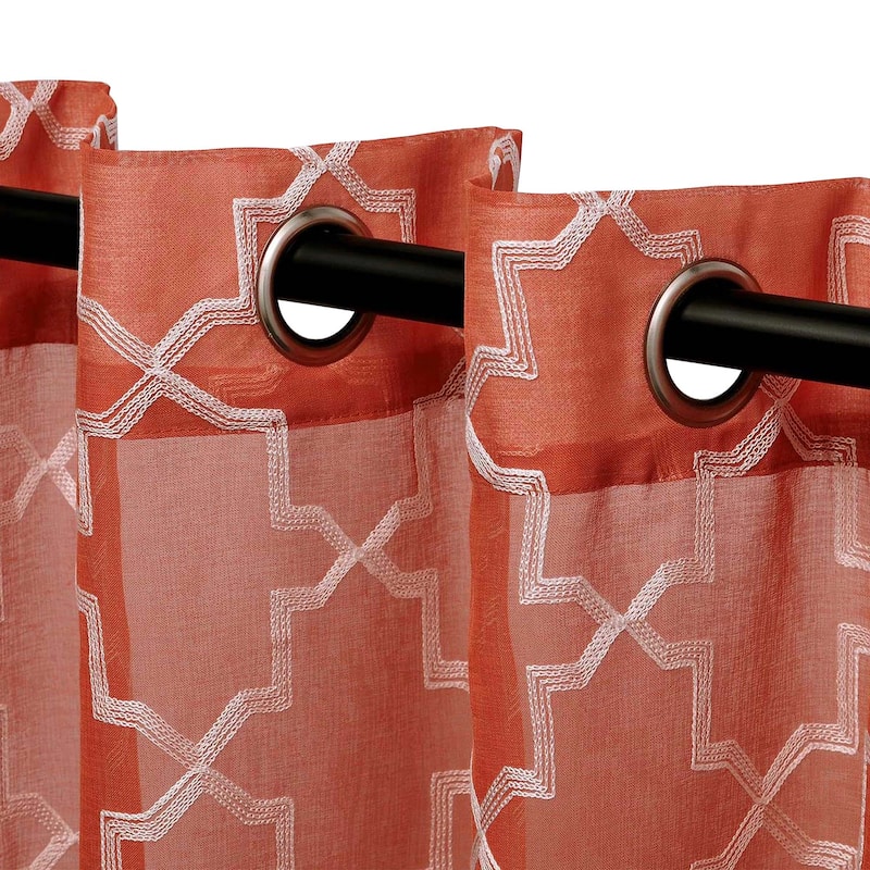 Superior Decorative Quatrefoil Embroidered Sheer Curtain Set with 2 Panels