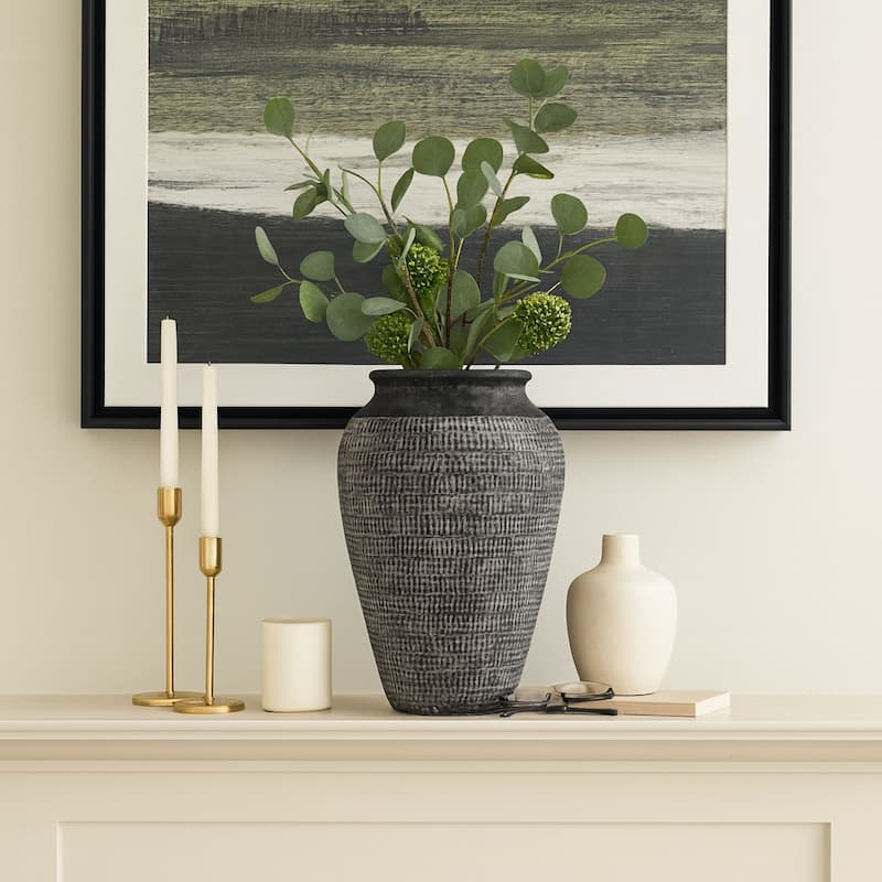 Ceramic Vase Textured Wide-Opening for Modern Decor - 16" Black