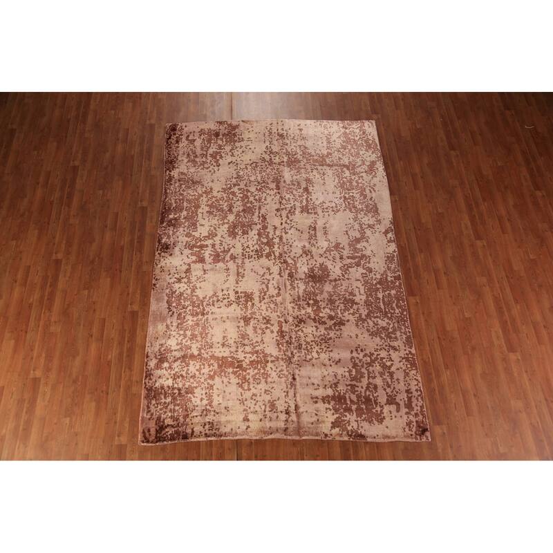 Contemporary Abstract Indian Area Rug Handmade Brown Wool Carpet - 6'8"x 9'10"