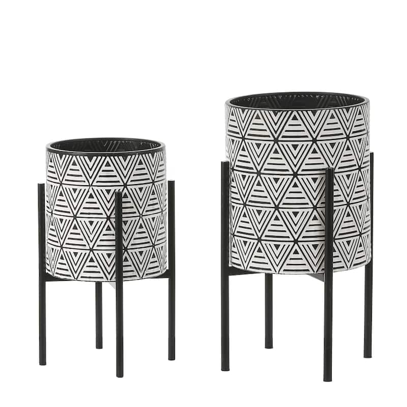 Black and White Metal Cachepot Planters with Black Metal Stands (Set of 2)