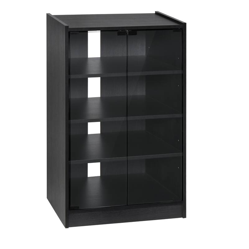 5-Tier Media Stand Cabinet with 3-Level Adjustable Shelves, Tempered Glass Doors, and Cable Management, Distressed Black - Black