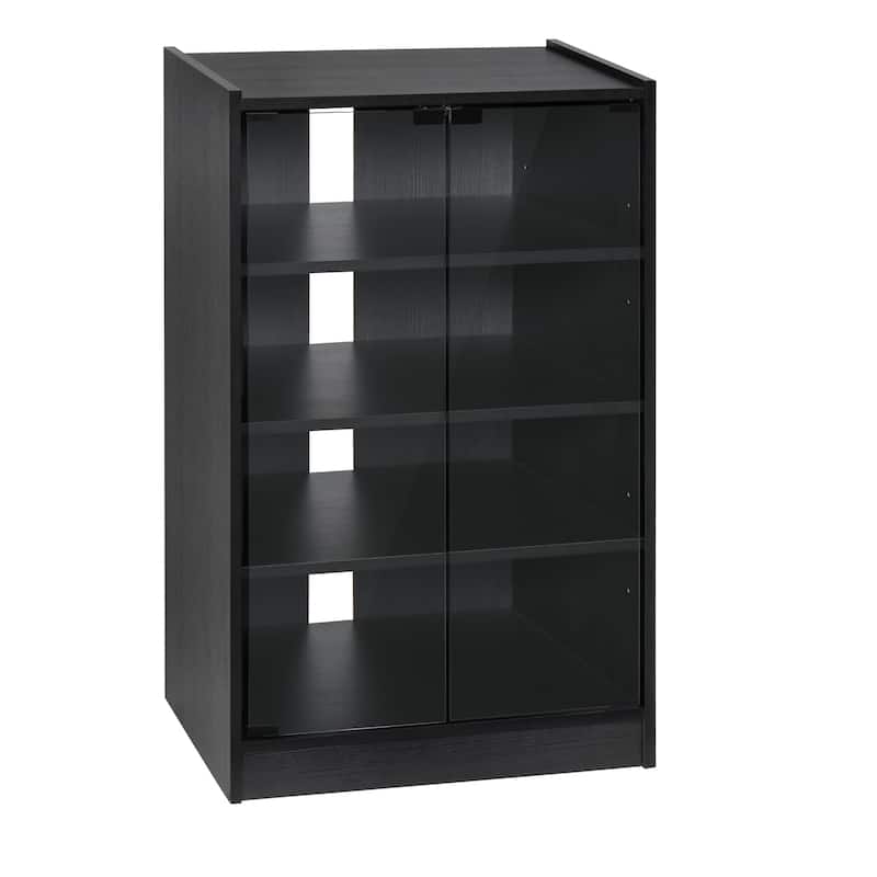 HOMCOM 5-Tier Media Stand Cabinet with 3-Level Adjustable Shelves, Tempered Glass Doors, and Cable Management, Black - Black
