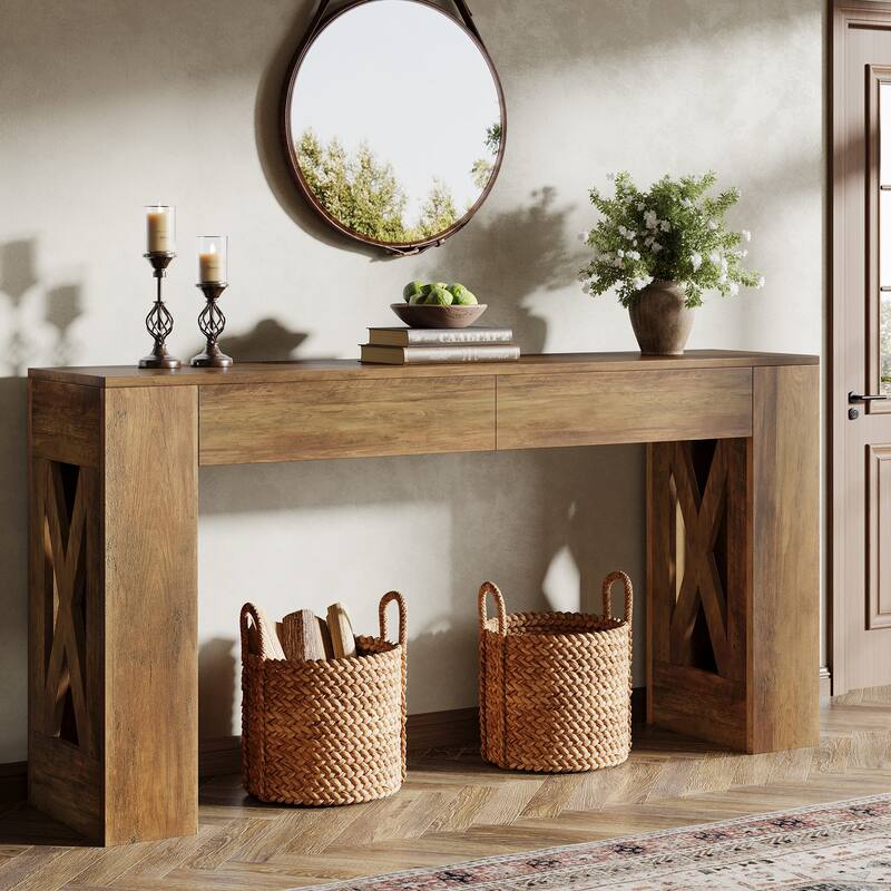 63-Inch Long Console Table, Entryway Table with Drawers, Sofa Table Behind The Couch for Entrance, Hallway, Living Room - Rustic Brown