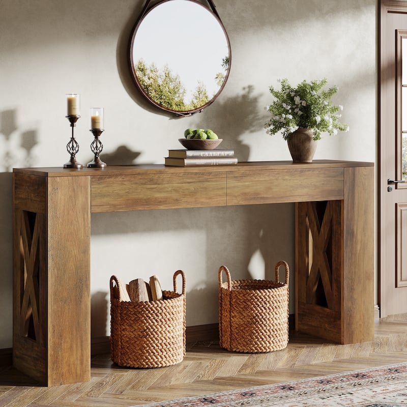 63-Inch Long Console Table, Farmhouse Entryway Table with 2 Drawers - Brown