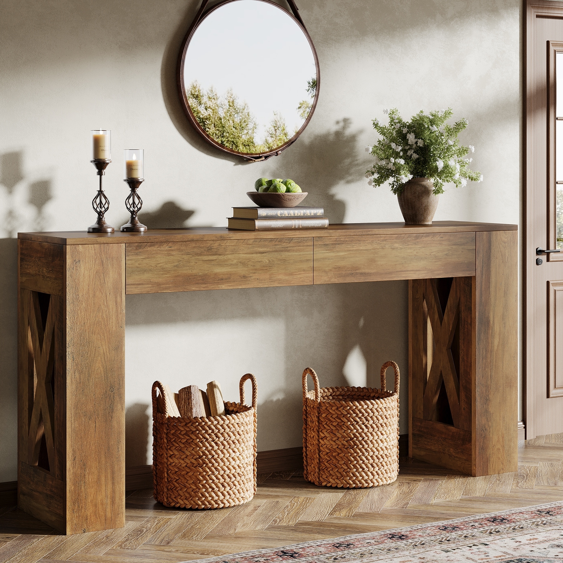 63-Inch Long Console Table, Farmhouse Entryway Table with 2 Drawers