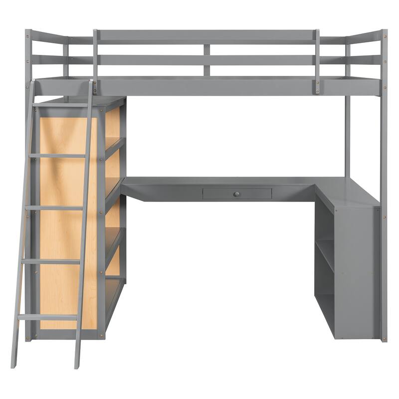 Roomfitters Full Size Loft Bed with Ladder, Shelves, and Desk, Solid Wood Frame, Space-Saving Study Bedroom Furniture, Gray