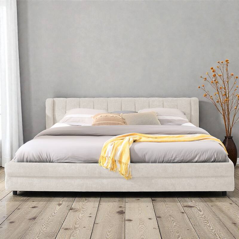 King Upholstered Bed Frame with Chenille Fabric, Soft Headboard and Underbed Storage Drawer, Modern Platform Design