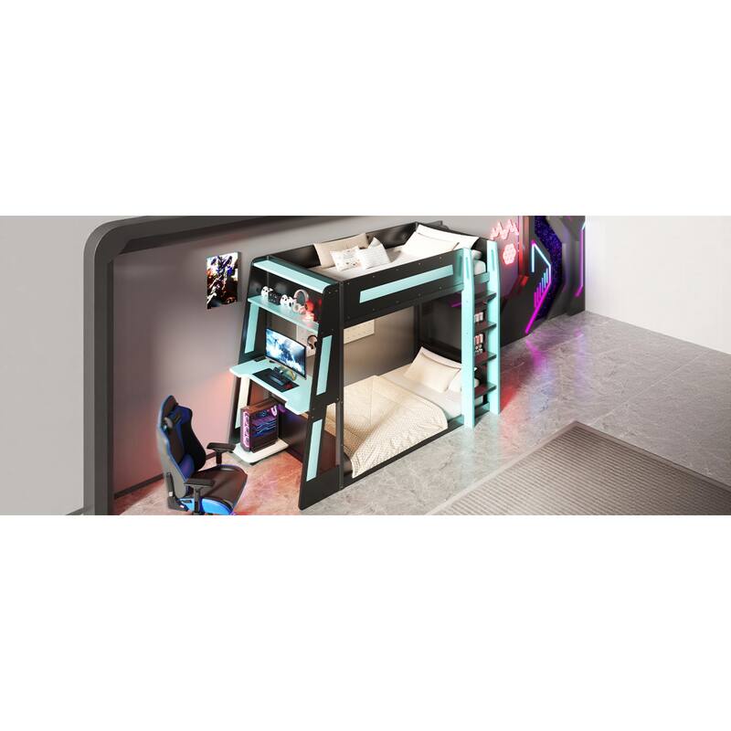 Roomfitters Twin/Full Over Twin Wooden Gaming Bunk Bed with Desk and LED Lights
