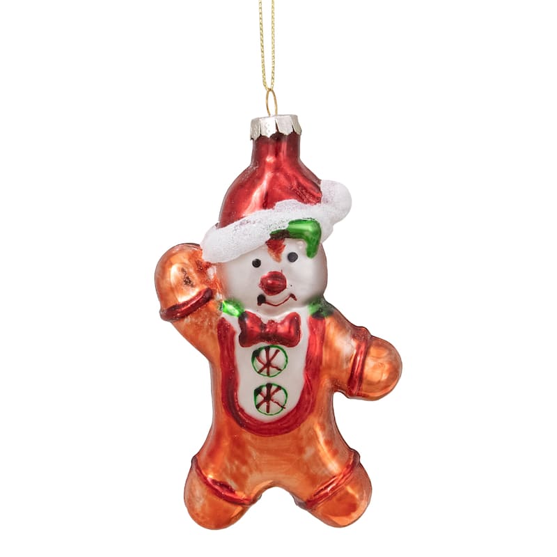 Gingerbread Man with Santa Hat Hanging Glass Christmas Ornament - 5" - Brown