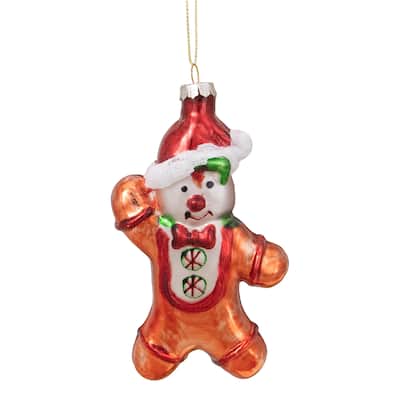 Gingerbread Man with Santa Hat Hanging Glass Christmas Ornament - 5" - Brown