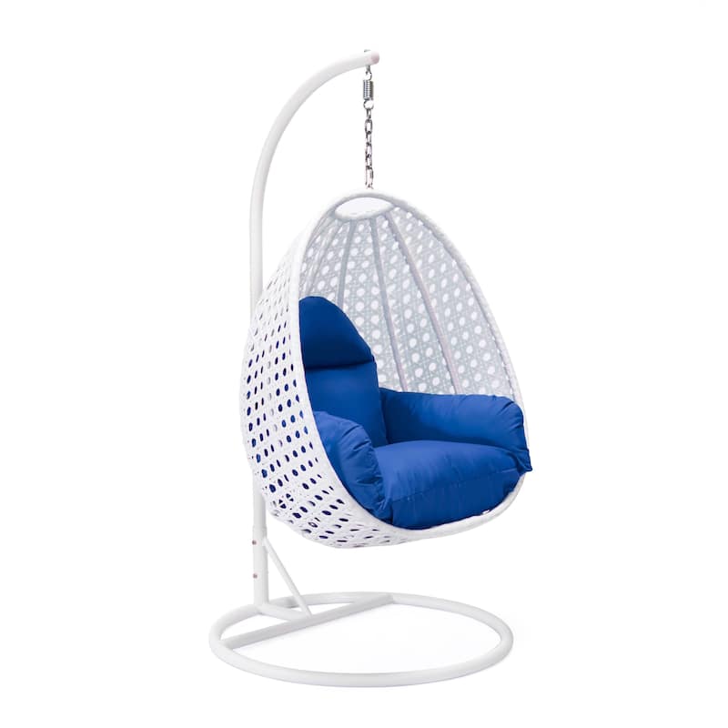 Patio Hanging Egg Swing Chair with White Wicker Shell and Iron Frame for Indoor Outdoor Patio Porch Garden Backyard - Blue