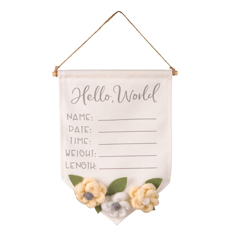 14" Baby Hello World Burlap Hanging Decor with Felt Flowers