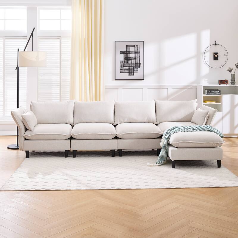 Modular 4-Seater L Shaped Sofa with Movable Ottoman, Beige - Multi-Color