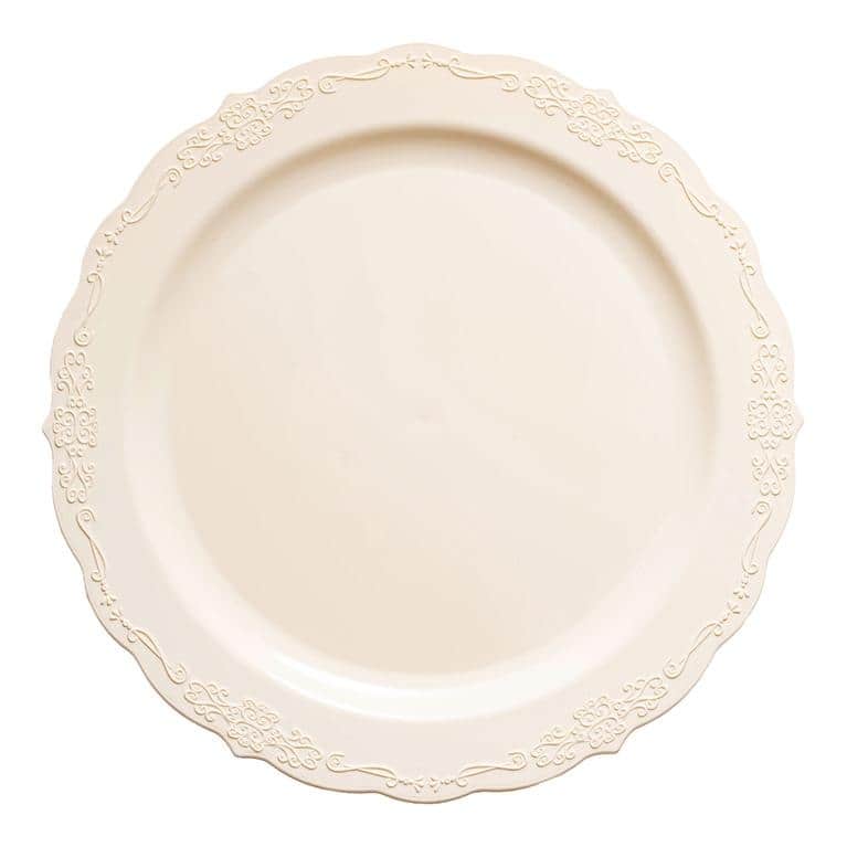 Vintage Rim Round Disposable Plastic Plate Packs - Party Supplies - 120pcs - Salad Plates - Ivory