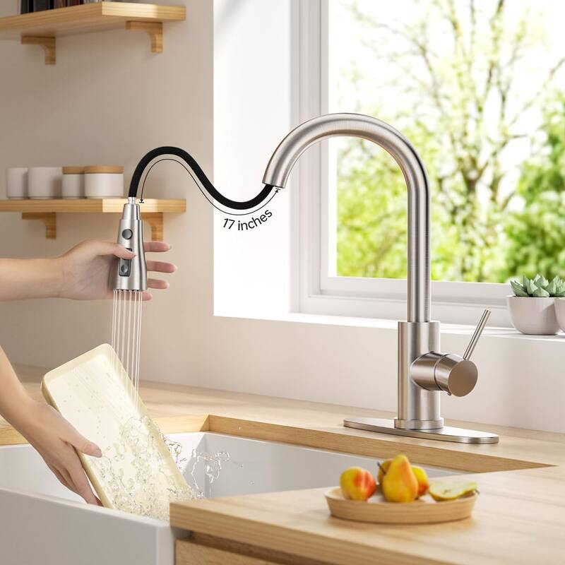 Single Handle High Arc Brushed Nickel Pull Out Kitchen Faucet with Pull Down Sprayer and 10 Inch Deck