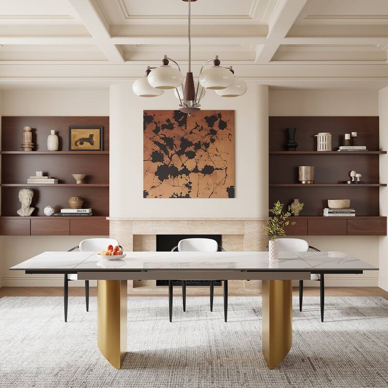 94.48 Inch Modern Minimalist 9 - Piece Extendable Sintered Stone Top Double Pedestal Dining Set