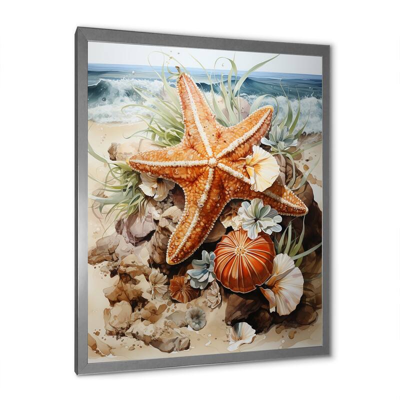 Designart "Orange And Blue Starfish Sands II" Coastal Tropical Wall Decor Orange Coastal Entryway Framed Wall Art Print