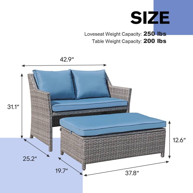 2-Piece Outdoor Patio Furniture Wicker Loveseat and Storage Ottoman