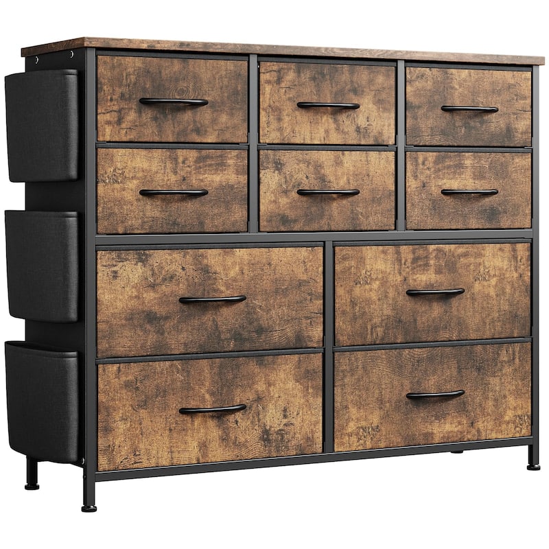 Fabric 10 Drawer Dresser for Bedroom, Metal Frame Storage Organizer Chest with Side Pockets, Hooks