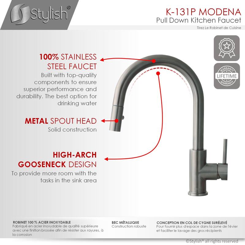 STYLISH Kitchen Sink Faucet Single Handle Pull Down Dual Mode in Stainless Steel - Faucet Height: 14 1/8" | Spout Height: 6 3/4"