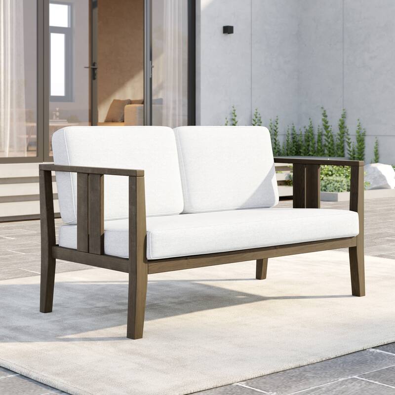 Outdoor Teak Solid Wood Patio Furniture Set Loveseat Armchair Table Collection - Loveseat - Naturalframe-Beige