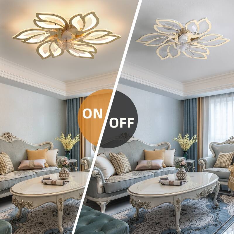 25.5 inch Cartoon Petal Ceiling Fans with Lights and Remote, Flush Mount Bladeless Ceiling Fan Lights with Reversible Blades