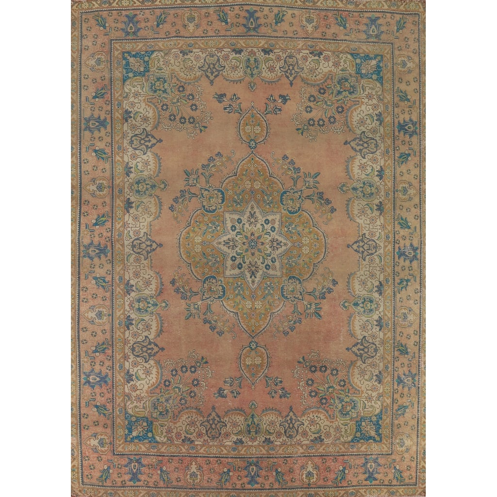 Tabriz Persian Vintage Rug Handmade Traditional Orange Wool Carpet - 9'7" x 12'10"